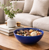 Blue bowl filled with dried fruits on a wooden table with a white vase and books in the background.