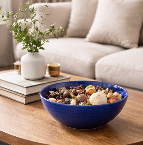 Blue bowl filled with dried fruits on a wooden table with a white vase and books in the background.