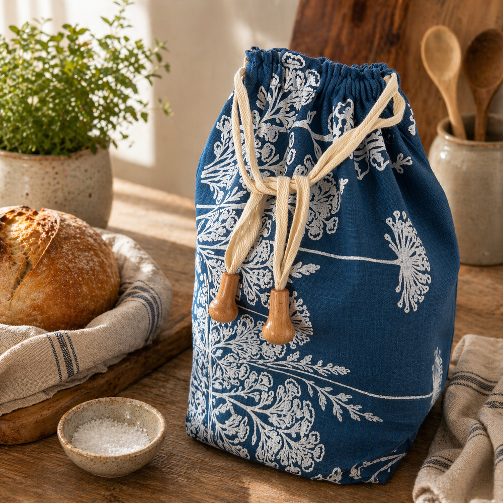 Blue drawstring bread bag with white floral pattern on a wooden table with bread and kitchen items.