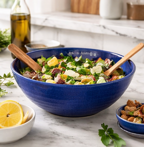 Blue salad bowl with a salad on a marble countertop, surrounded by lemon slices and other dishes.