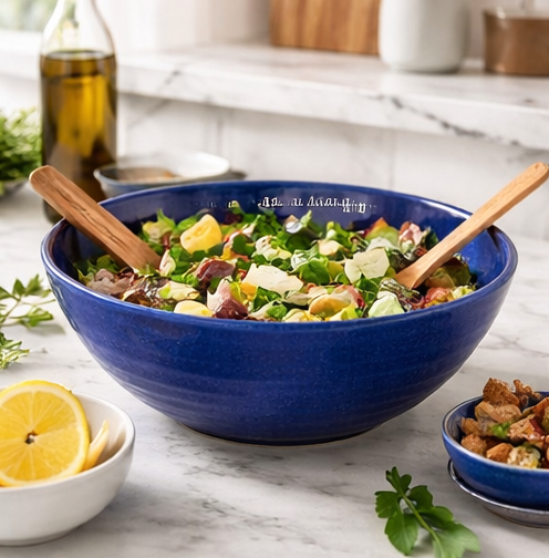 Blue salad bowl with a salad on a marble countertop, surrounded by lemon slices and other dishes.