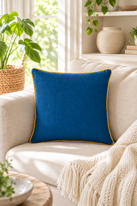 Plain deep blue linen cushion cover with mustard piping styled on a cream sofa.