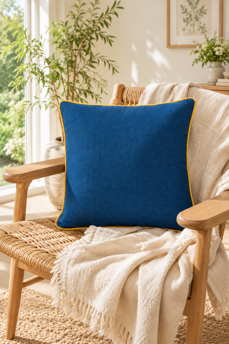 A square royal blue linen pillow with a thin yellow piped edge, styled on a wooden wicker armchair draped with a cream knit blanket in a bright, sunlit room.