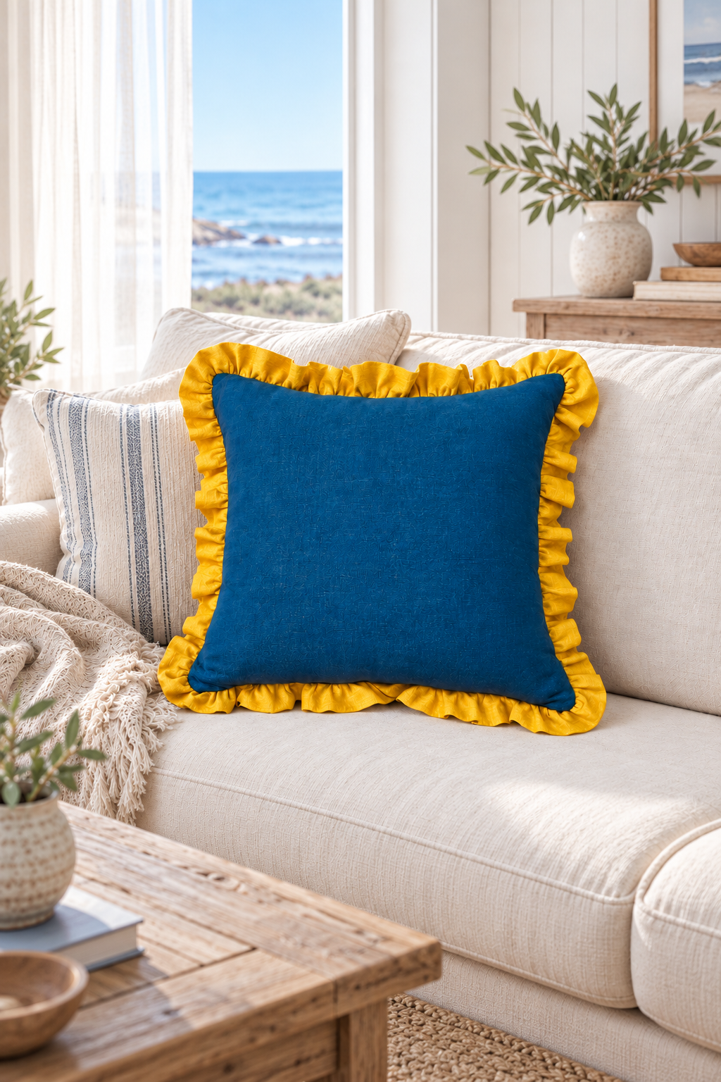 Square blue and mustard ruffle cushion on an ivory sofa beside a window overlooking the sea.