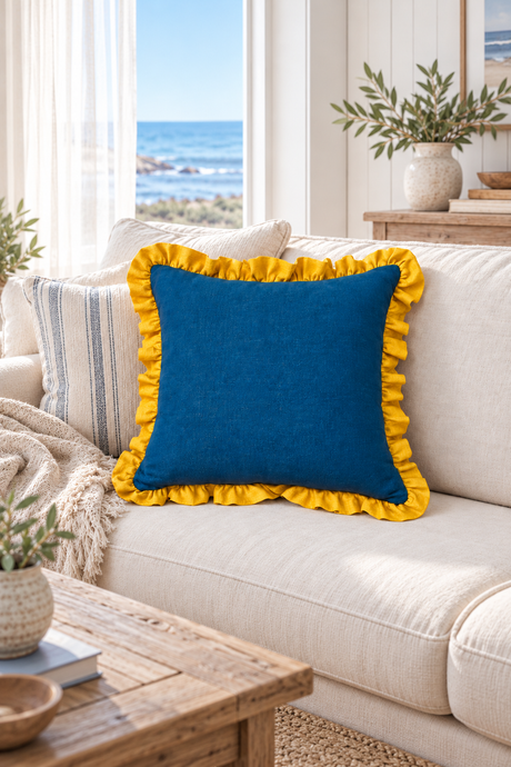 Square blue and mustard ruffle cushion on an ivory sofa beside a window overlooking the sea.