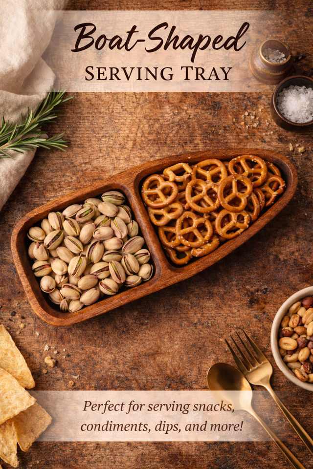 Wooden boat-shaped serving tray with compartments filled with snacks on a rustic wooden surface.