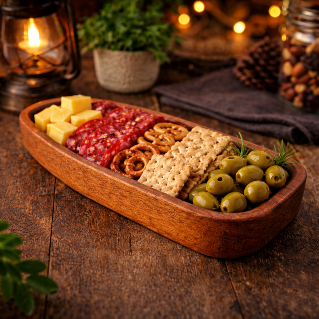 Wooden platter with assorted snacks including cheese, olives, and pretzels on a wooden table.