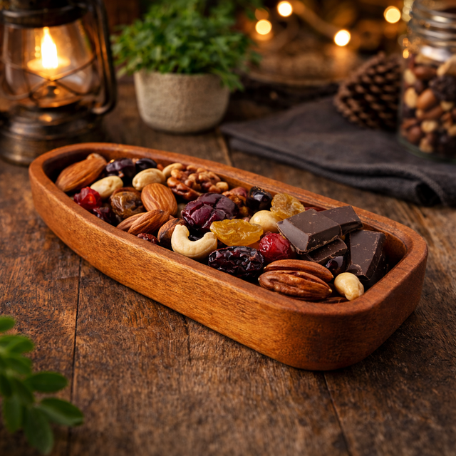 Wooden tray with assorted dried fruits and chocolate on a wooden surface with warm lighting.