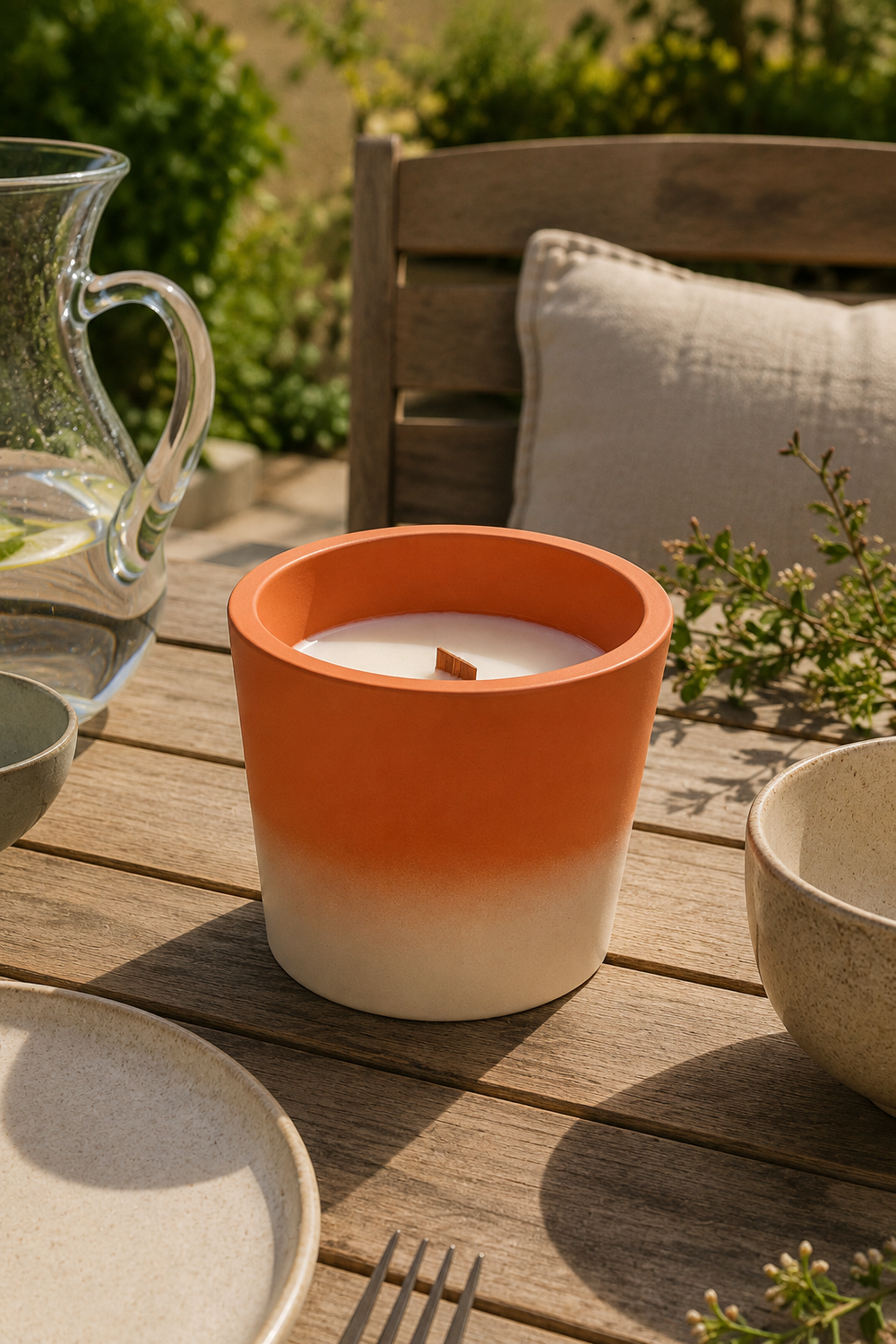 terracotta candle in an orange and white pot on a wooden table outdoors.