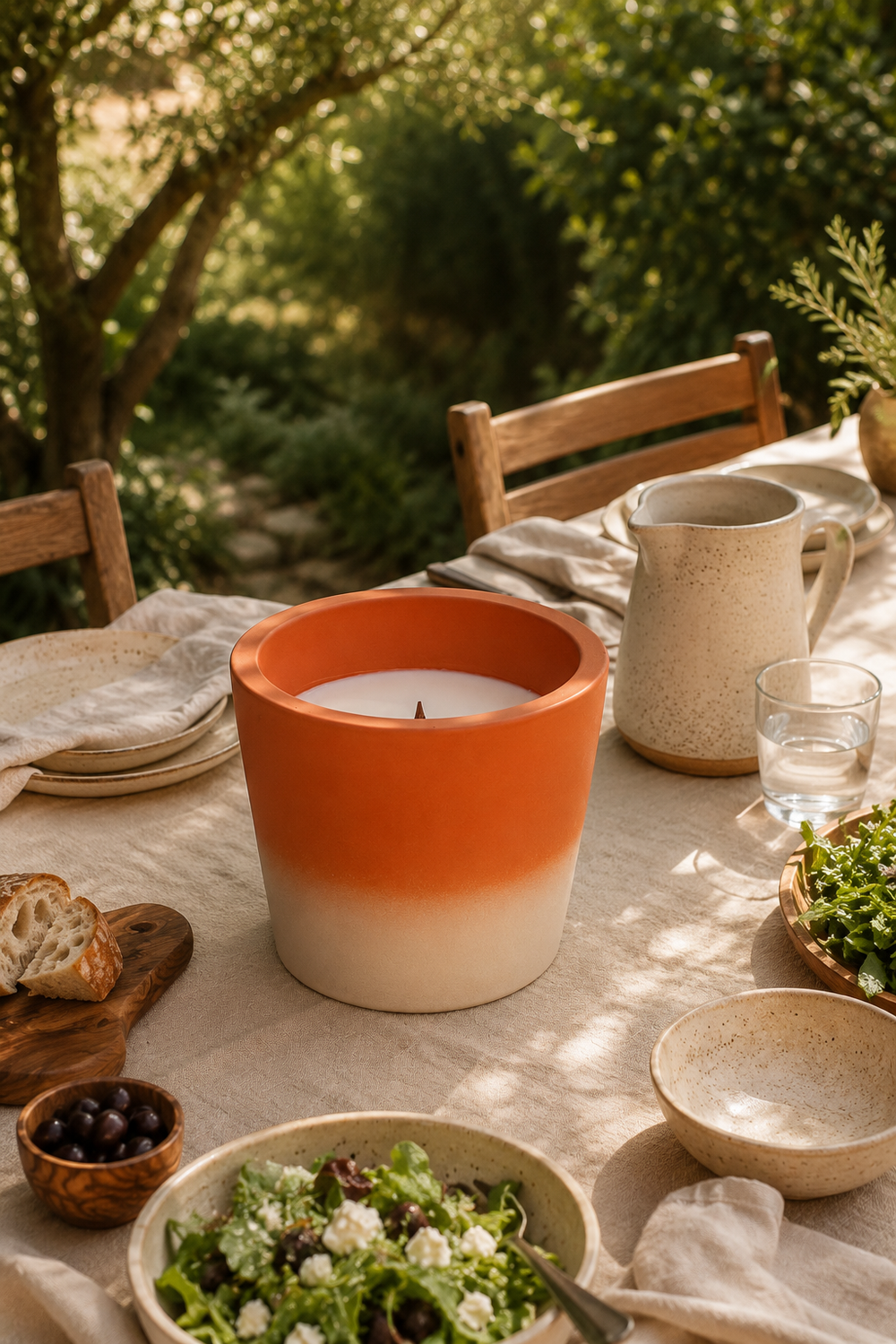 Candle in an orange and white terracotta container on a table with outdoor setting