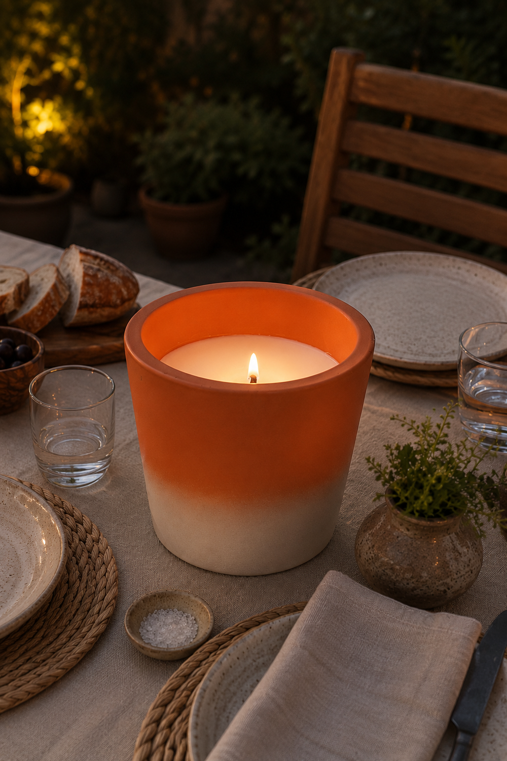 Candle in an orange and white terracotta container on a table with bread and glasses, outdoor setting.