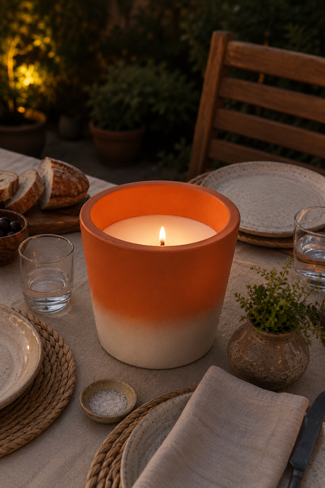Candle in an orange and white terracotta container on a table with bread and glasses, outdoor setting.