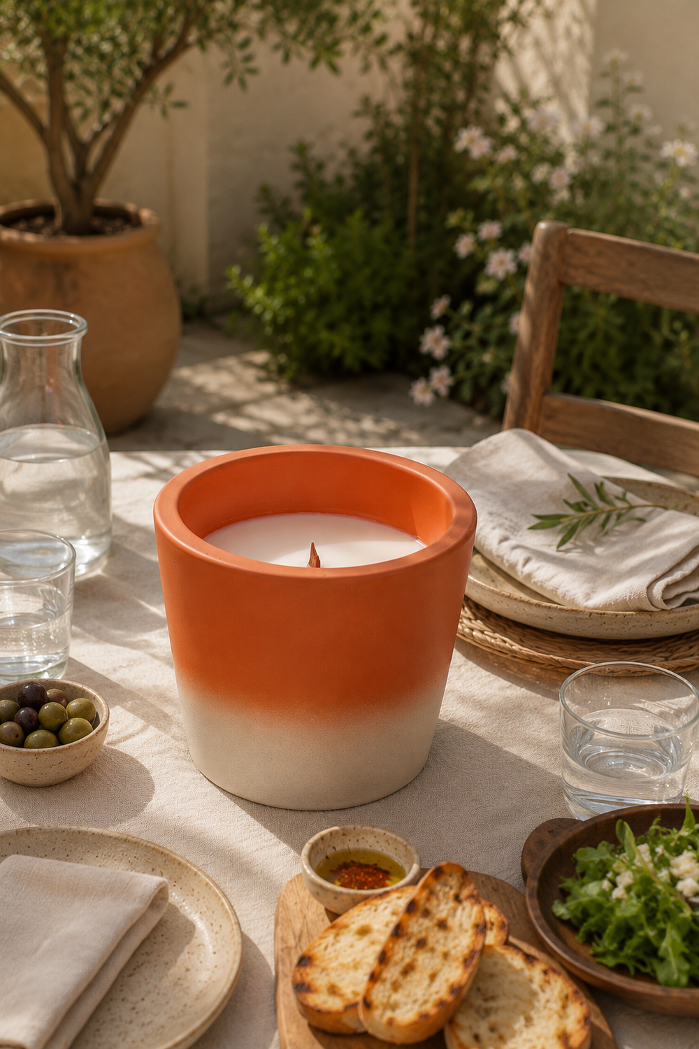 Candle in an orange and white terracotta pot on a table with food and drinks outdoors