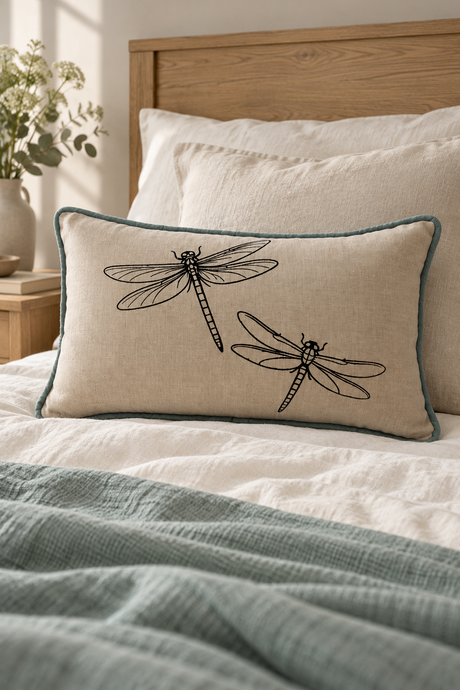 A rectangular linen cushion with black dragonfly print and a duck egg border, styled on a bed with white linens and a wooden headboard.