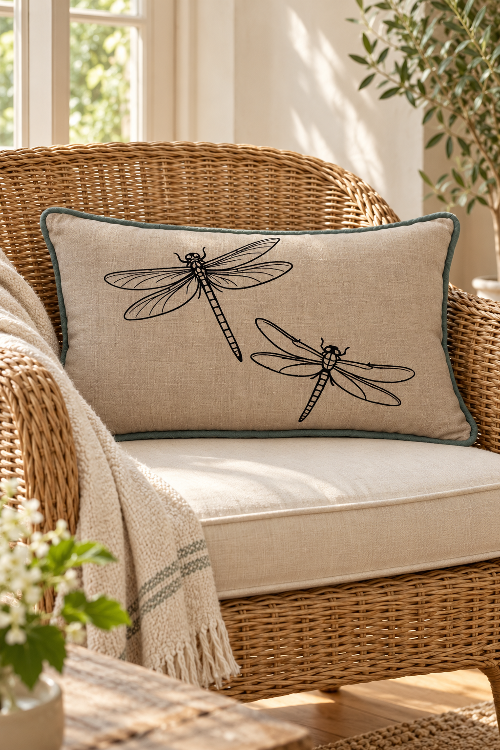 A linen cushion with two black painted dragonflies and a duck egg border, resting on a wicker conservatory chair with a cream cushion and a white throw blanket.