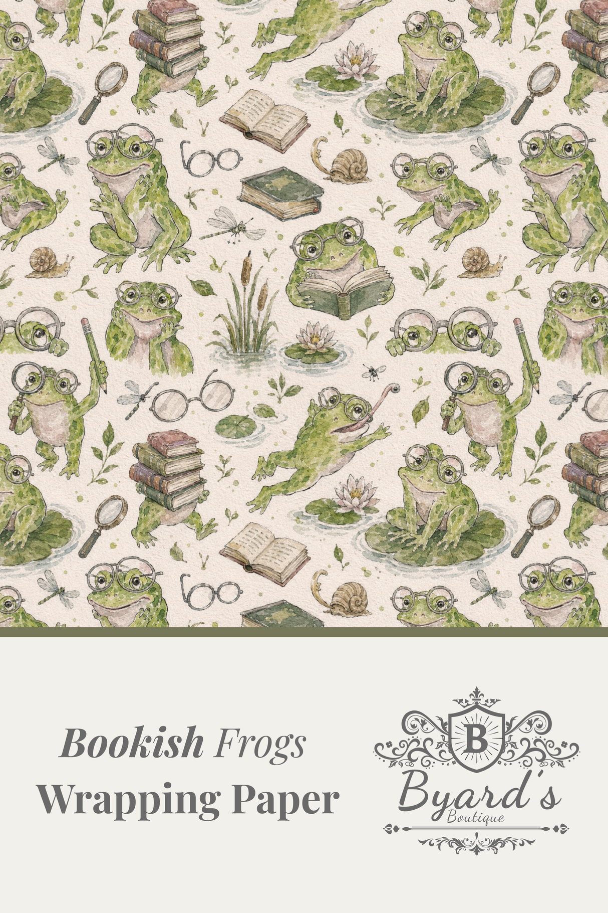 Bookish Frogs Wrapping Paper by Byard's Boutique, featuring a vintage-style repeating pattern of green frogs, books, glasses, and dragonflies on a cream background, with the product title and brand logo printed on a light gray banner at the bottom.