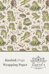 Bookish Frogs Wrapping Paper by Byard's Boutique, featuring a vintage-style repeating pattern of green frogs, books, glasses, and dragonflies on a cream background, with the product title and brand logo printed on a light gray banner at the bottom.