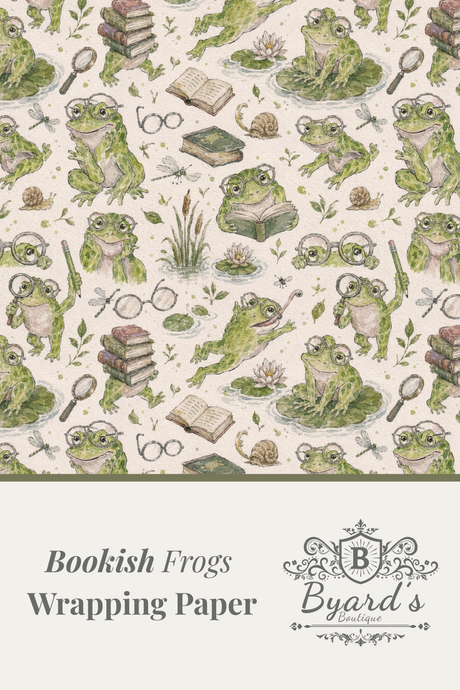 Bookish Frogs Wrapping Paper by Byard's Boutique, featuring a vintage-style repeating pattern of green frogs, books, glasses, and dragonflies on a cream background, with the product title and brand logo printed on a light gray banner at the bottom.