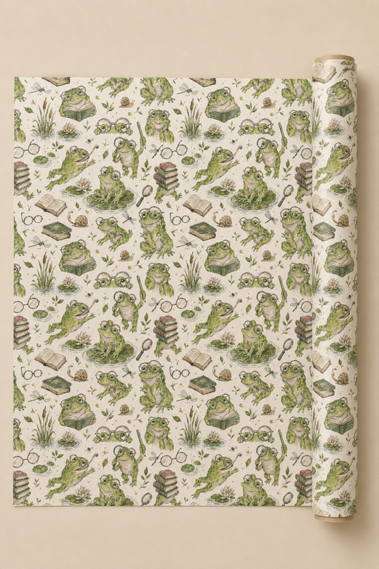 Bookish Frogs wrapping paper with reading frogs, books and botanical details on an ivory background.
