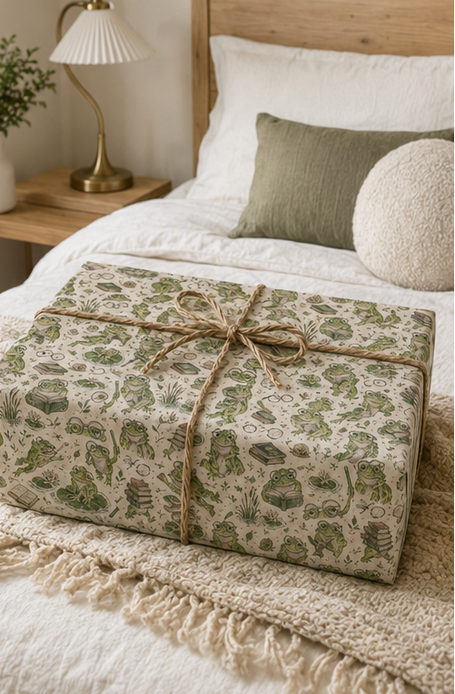 A rectangular gift box wrapped in cream-coloured wrapping paper with a green Frog with books and nature print, tied with a natural jute twine bow, resting on a cozy bed with white linens and a wooden headboard.