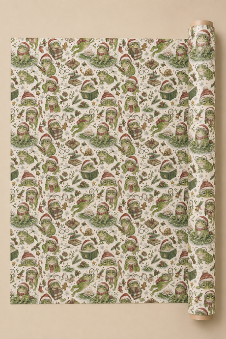 A roll of wrapping paper with a repeating pattern of Bookish Frogs at Christmas wearing Santa hats, shown partially unrolled against a solid beige background.