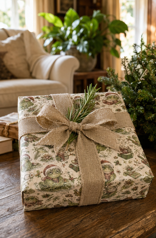 A gift box wrapped in a vintage-style Bookish Frogs at Christmas patterned wrapping paper with a rustic burlap ribbon and a sprig of pine, set on a wooden table in a cozy living room.