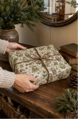 A square gift box wrapped in cream-coloured wrapping paper with Bookish Frogs at Christmas Wrapping Paper pattern, tied with a brown twine bow, held by hands in a cozy indoor setting.
