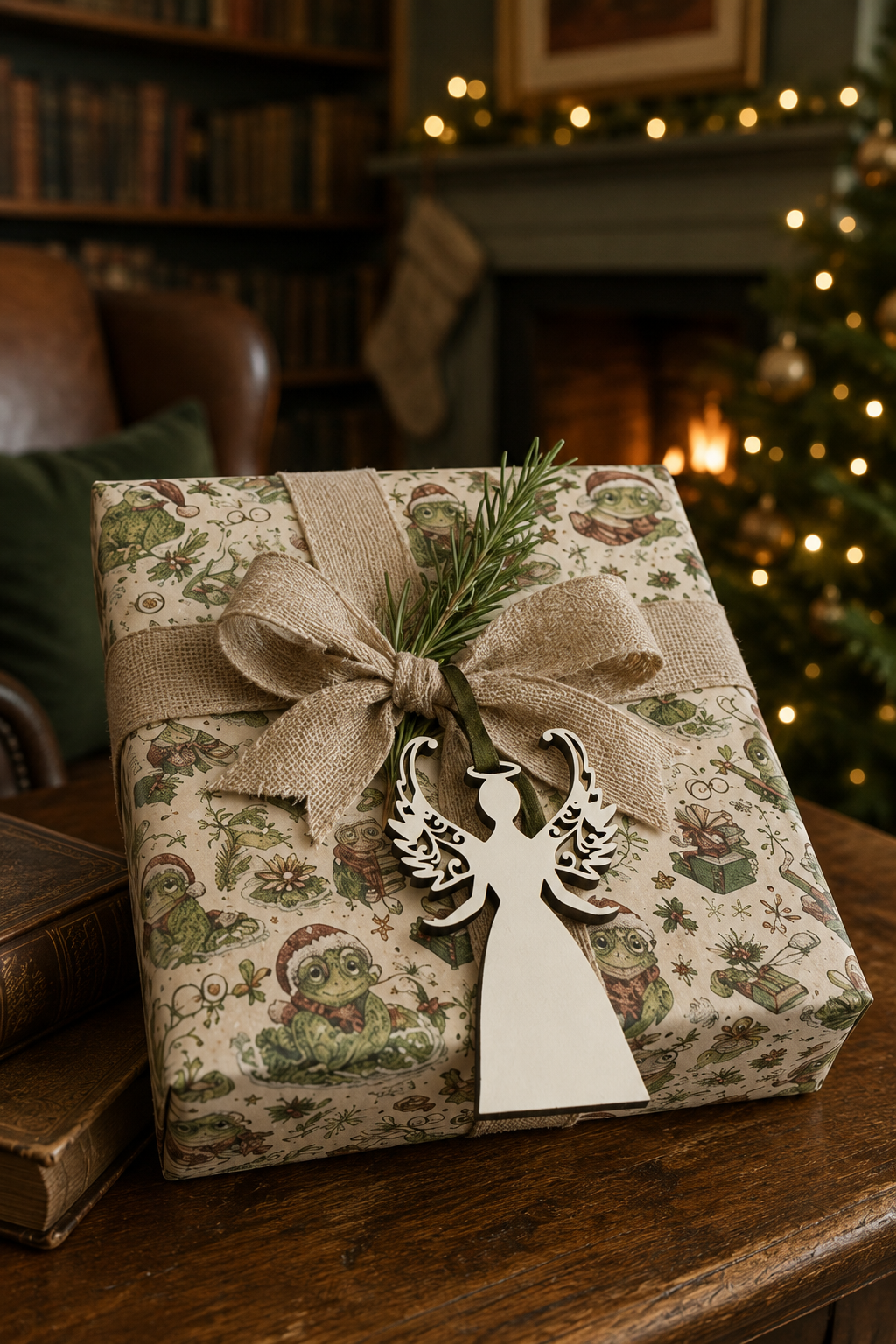 White laser-cut angel gift tag with curled filigree wings on a Bookish Frogs wrapped present beside a Christmas fireplace.