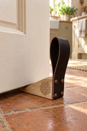 A rustic wooden and dark brown leather door stopper resting on a terracotta tiled floor in a bright kitchen setting.