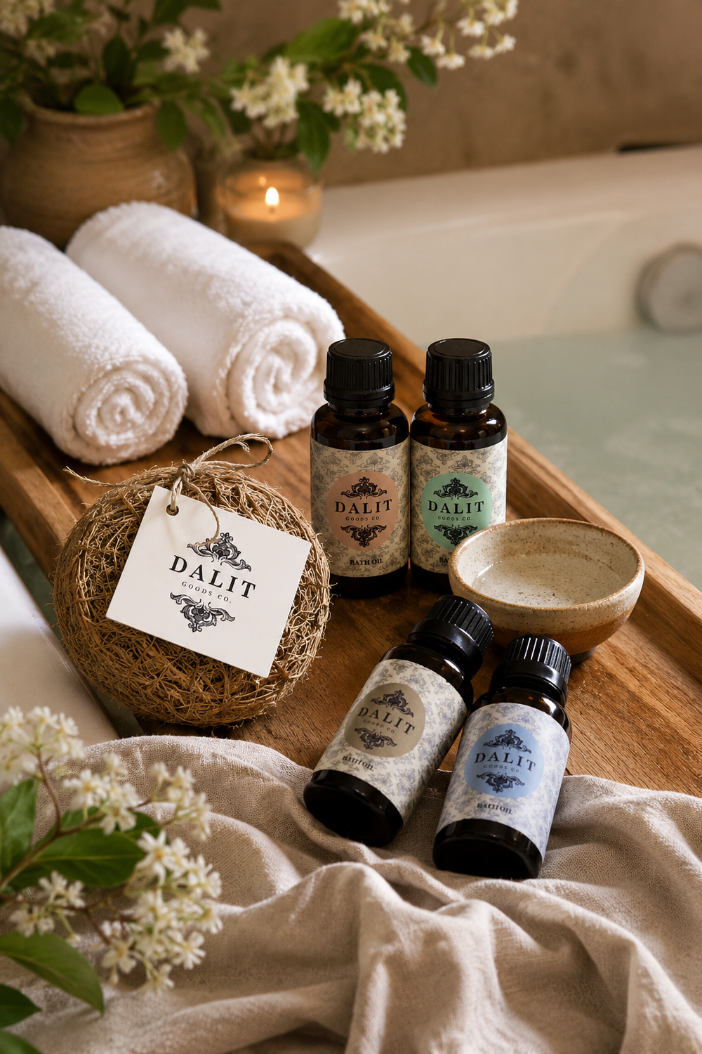 Bath oil products with natural root scrub including bottles, a bowl, and towels on a wooden tray with a bathtub in the background.