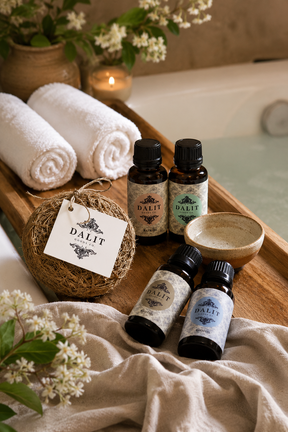 Bath oil products with natural root scrub including bottles, a bowl, and towels on a wooden tray with a bathtub in the background.