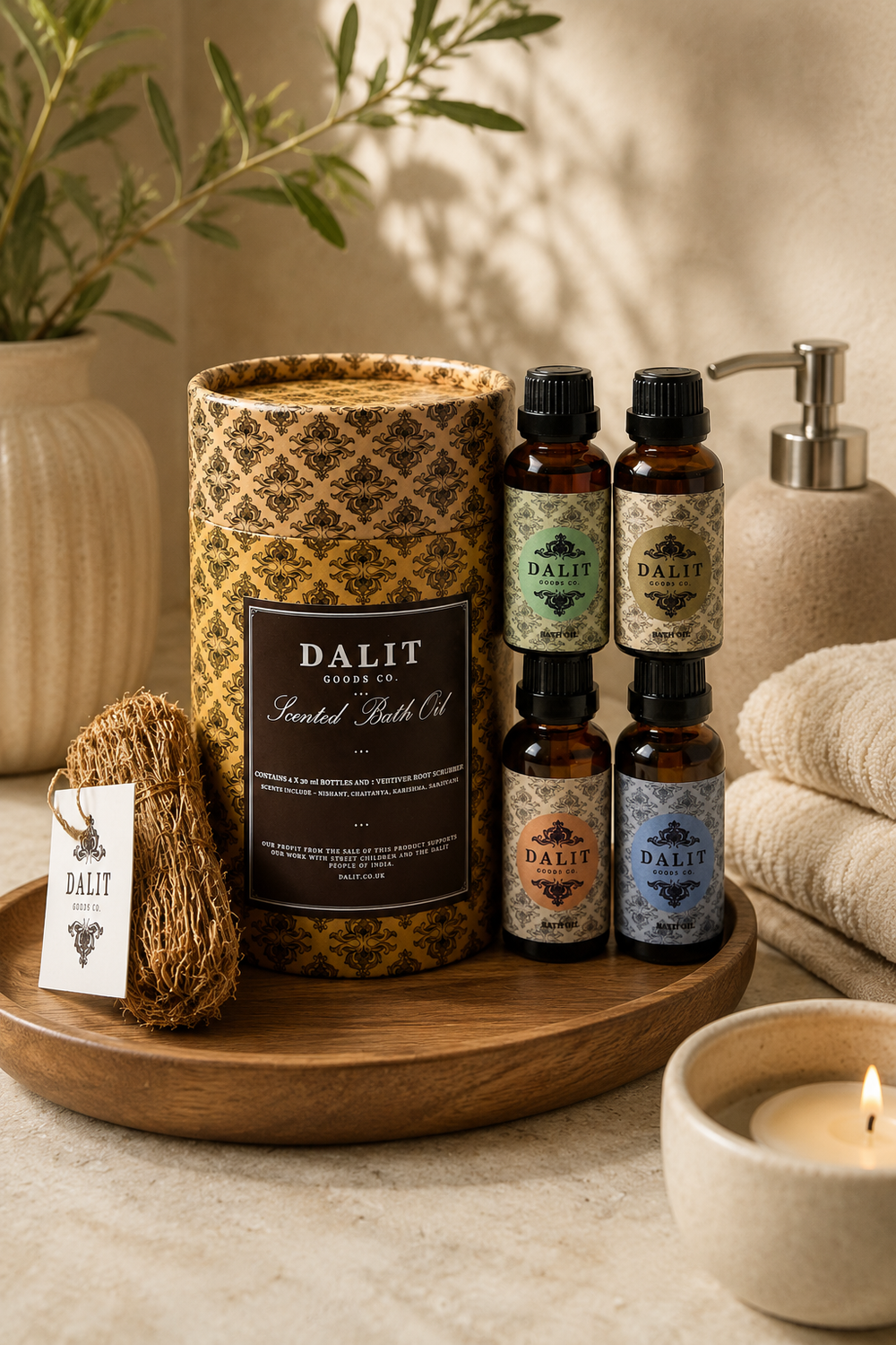 Botanical Bath Oil & Vetiver Root Scrub Gift Set on a wooden tray with a neutral background.