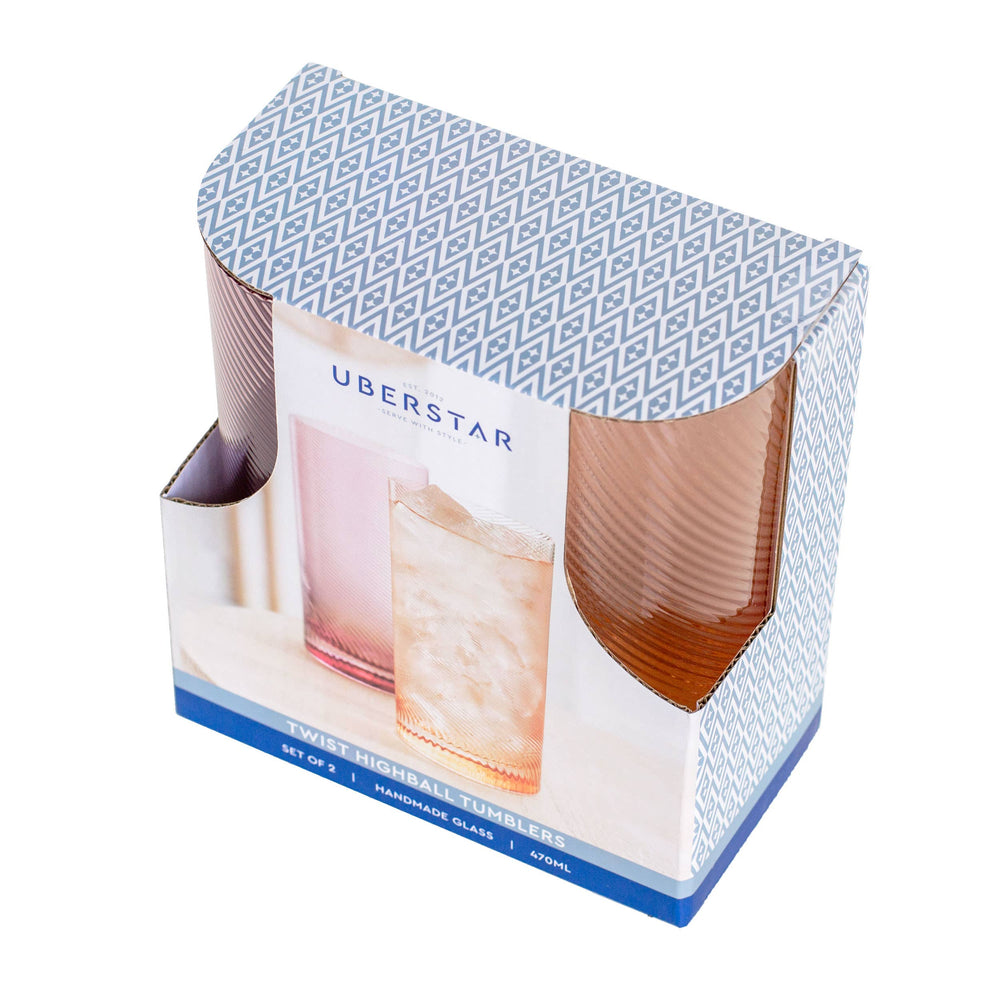 Box of Uberstar glasses with clear design on a white background