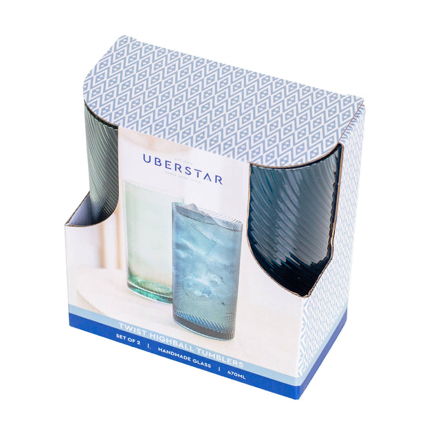 Box of Uberstar tumblers with twist pattern