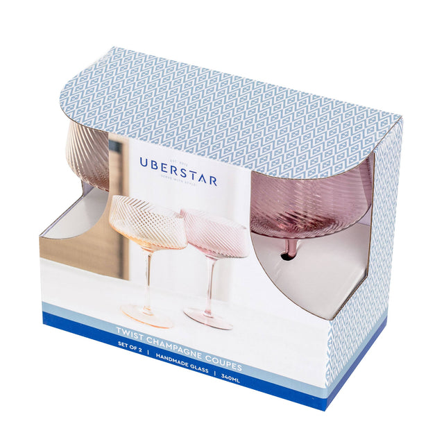 Box of Uberstar twist champagne coupes with product images on a white background
