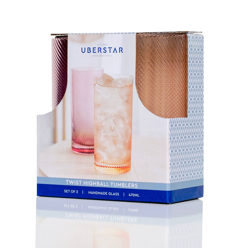 Box of Uberstar twist highball tumblers with two glasses inside