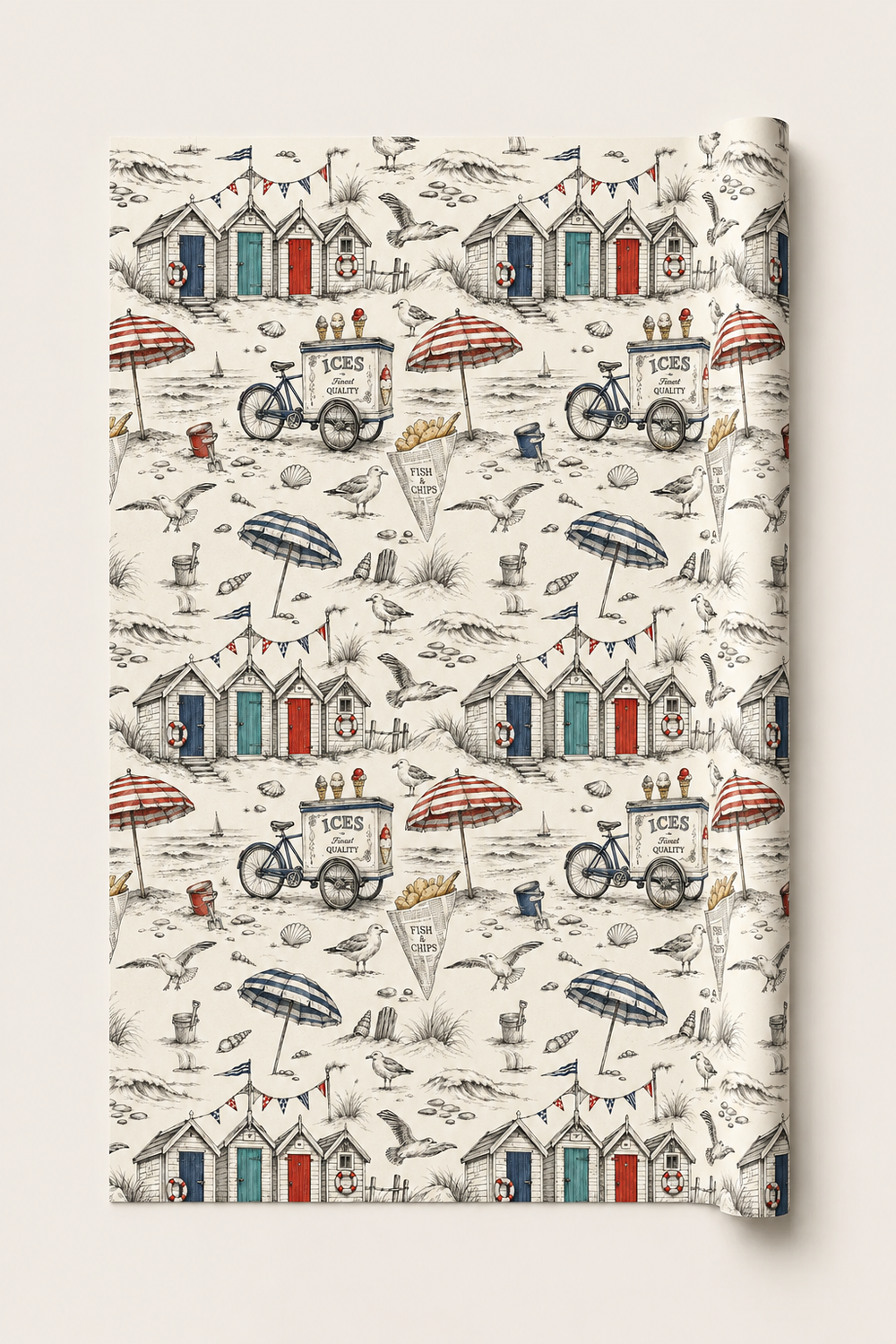 British seaside gift wrap with monochrome coastal illustration and subtle colour accents.