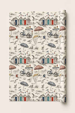 British seaside gift wrap with monochrome coastal illustration and subtle colour accents.