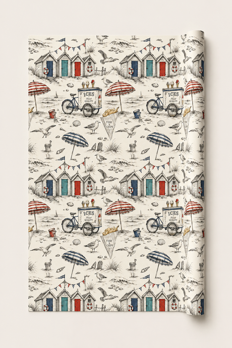 British seaside gift wrap with monochrome coastal illustration and subtle colour accents.