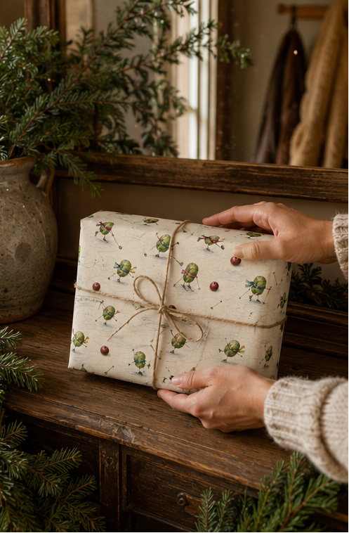 Scarf-wearing Brussels sprouts skate, race and tumble across the ice in this funny illustrated Christmas wrapping paper, with cranberries, skating poles and looping skate marks on warm ivory.