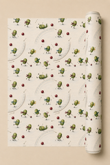 Brussels sprout Christmas wrapping paper showing green scarf-wearing sprouts skating and tumbling on ice among red cranberries and scattered skating poles.