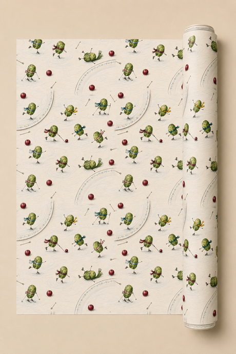 Brussels sprout Christmas wrapping paper showing green scarf-wearing sprouts skating and tumbling on ice among red cranberries and scattered skating poles.