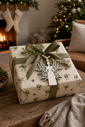 White laser-cut angel gift tag on a Sprouts Skating wrapped Christmas present beside a festive fireplace.