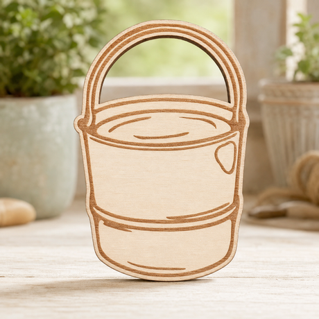 A laser-cut wooden bucket ornament or plaque with a natural light wood finish and darker brown engraved lines, standing on a light wooden surface with a blurred rustic background.