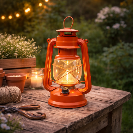 Orange lantern on a wooden table with outdoor setting