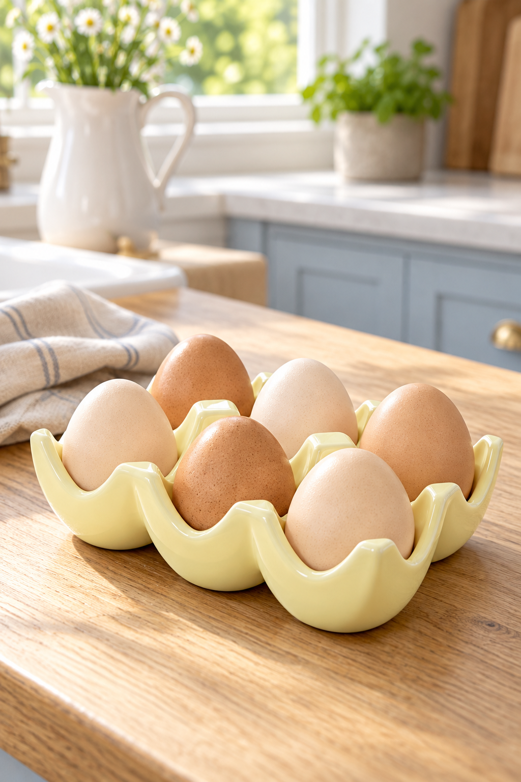 A pale yellow ceramic egg holder filled with brown and cream eggs, set on a wooden kitchen countertop with a blurred kitchen background.