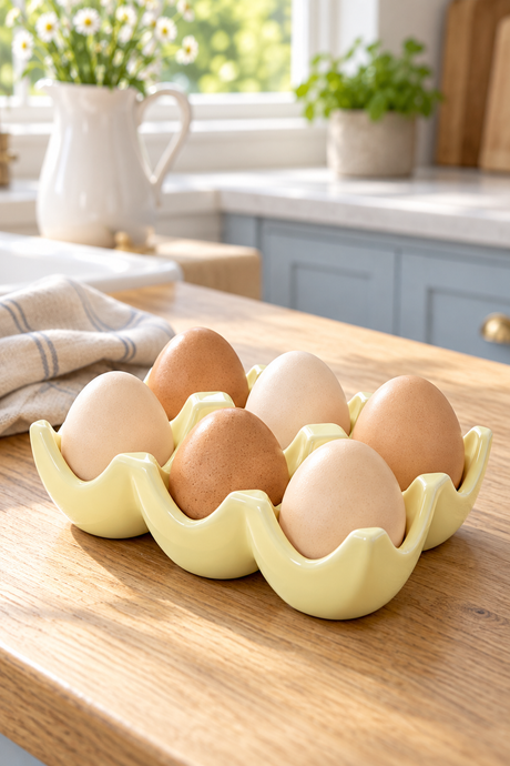 A pale yellow ceramic egg holder filled with brown and cream eggs, set on a wooden kitchen countertop with a blurred kitchen background.