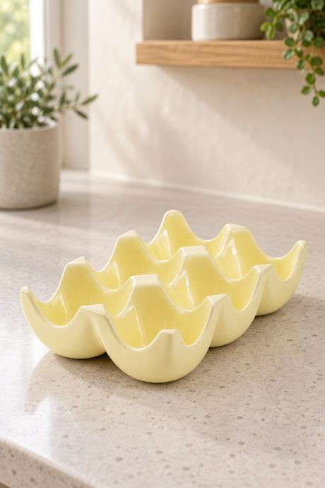 A pale yellow ceramic egg-shaped dish with multiple scalloped compartments, set on a speckled beige countertop in a bright kitchen setting.