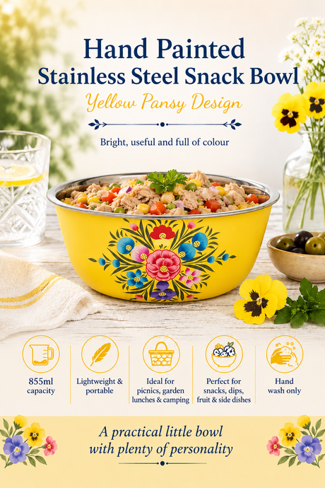 Buttercup Pansy Hand Painted Stainless Steel Picnic Bowl – 16.5cm