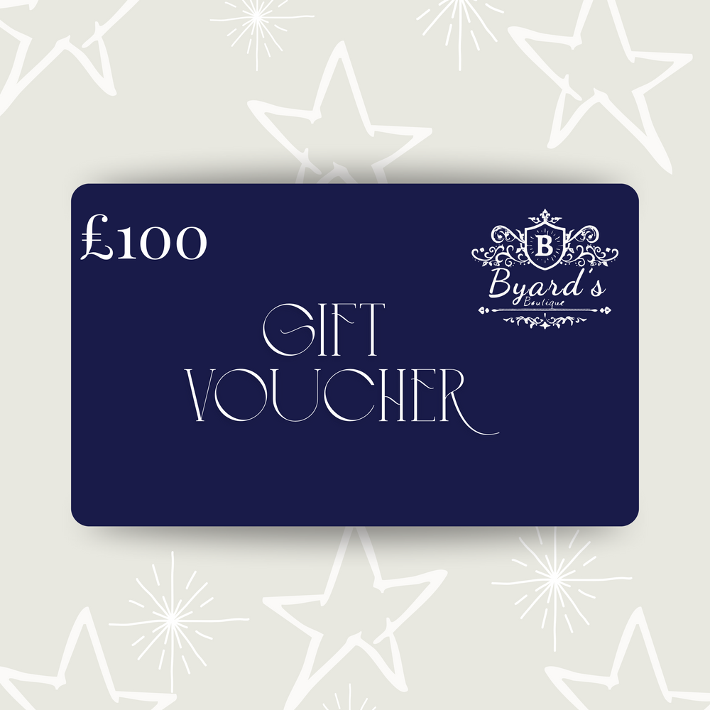 Navy blue gift voucher with white text and star designs on a light gray background